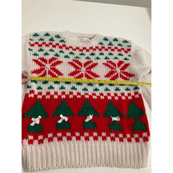 ADELL BARRE Large Vintage 80's Hand Knit Christmas Sweater Bows Pearl Beads - Picture 3 of 7